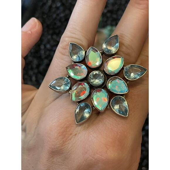 Southwestern Jewelry - Native Sw Sterling Faceted Multi-stone Blue Green Rainbow Borealis Cluster Ring